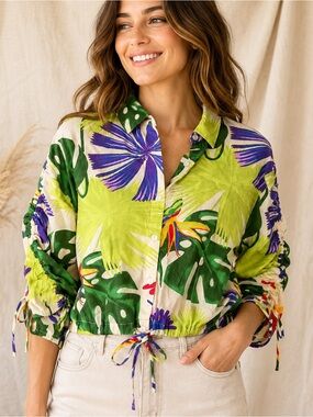Marc New York Tropical Floral Ruched Sleeve Tie Hem Button Up Top S 100% cotton